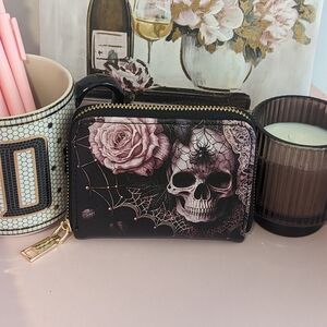 Skullette Brand Pink Skull Roses & Spider Vegan Leather Wallet New!
